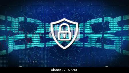 Image of networks of connections with padlock icon and chain background Stock Photo