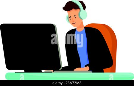 Computer programmer is coding on his computer while wearing headphones. Programmer wearing headphones working from home using computer Stock Vector