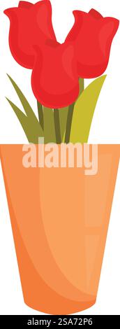 Red tulips are standing in an orange flowerpot, isolated on a white background. Bouquet of red tulips standing in orange flowerpot Stock Vector