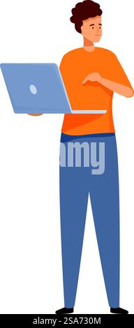 Young programmer is using a laptop, pointing at the screen with a smile on his face. Young man standing holding laptop and pointing at screen Stock Vector