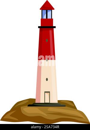 Cartoon lighthouse guiding ships with its light beam. Red and white lighthouse standing on coastline Stock Vector
