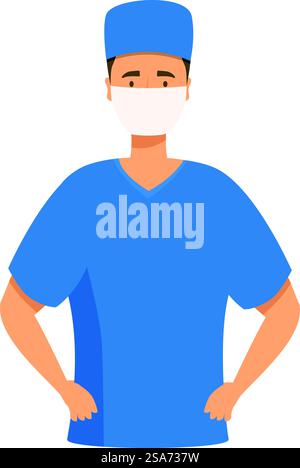 Male medical professional is standing confidently wearing scrubs and a medical mask. Confident surgeon wearing medical mask and scrubs is standing with hands on hips Stock Vector