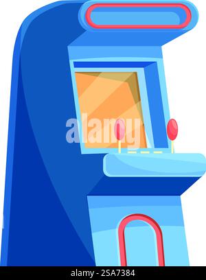 Blue arcade game machine with joysticks and screen standing on white ...