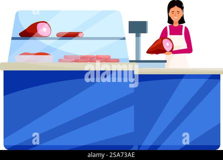 Female butcher wearing apron working behind counter holding piece of ham at butcher shop. Butcher woman working putting ham on scale at butchery shop counter Stock Vector