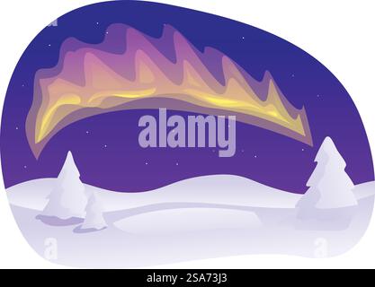 Northern lights dancing in a starry night sky over a snowy landscape. Aurora borealis shining over snowy landscape with fir trees Stock Vector