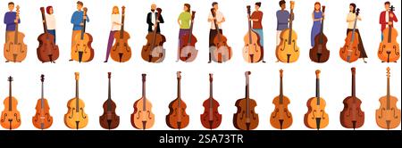 Contrabass icons set. Musicians and various acoustic bass instruments isolated on white background. Contrabass icons set. Musicians holding string acoustic bass instruments Stock Vector