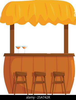 Illustration featuring a wooden outdoor bar counter with a yellow canopy, ideal for representing summer festivals, beach bars, and outdoor events. Wooden outdoor bar counter with yellow canopy standing on white background Stock Vector