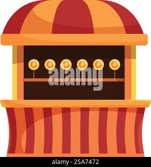 Shooting range stall with awning decorated with red and orange stripes, entertaining visitors at amusement park. Shooting gallery booth standing on striped platform with lollipops as targets Stock Vector