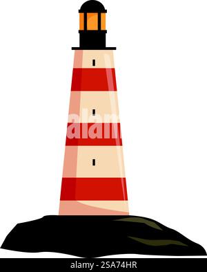 Tall, sturdy lighthouse with a distinctive red and white striped pattern, casting a beacon of light for safe passage. Classic striped lighthouse standing on rocky coastline guiding ships Stock Vector