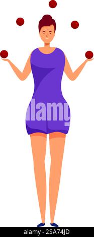 Circus artist juggling five balls on stage, showing her talent and concentration. Circus artist juggling five balls keeping balance Stock Vector