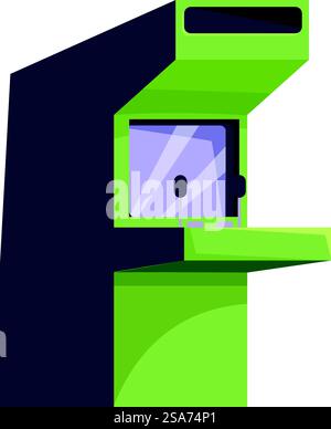 Green arcade game machine with joysticks and screen standing ready for gaming. Green arcade game machine standing ready for gaming Stock Vector