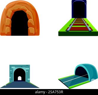 Various tunnel icons set cartoon vector. Interior of walkway tunnel road. Infrastructure concept. Various tunnel icons set cartoon vector. Interior of walkway tunnel road Stock Vector