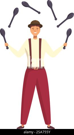 Smiling circus artist is juggling with several clubs, showing his talent and entertaining the audience. Circus artist juggling with several clubs on white background Stock Vector
