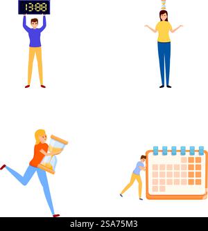Cartoon clock time with icons for productivity and schedule vector ...