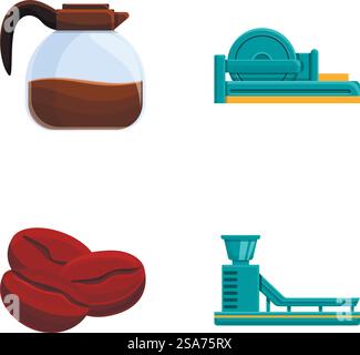 Coffee production icons set cartoon vector. Packing machine and coffee maker. Eco product. Coffee production icons set cartoon vector. Packing machine and coffee maker Stock Vector