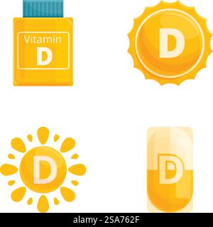 Sunshine vitamin icons set cartoon vector. Shining sun and food supplement. Healthcare concept. Sunshine vitamin icons set cartoon vector. Shining sun and food supplement Stock Vector