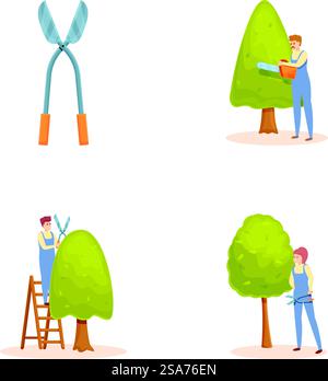 Pruning work icons set cartoon vector. Professional gardener with various tool. Garden service. Pruning work icons set cartoon vector. Professional gardener with various tool Stock Vector