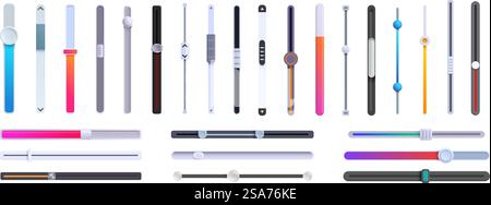 Scrollbar icons set. Set of graphic user interface elements showing completion status using colorful gradients and indicators. Scrollbar icons set. Collection of vertical and horizontal scroll bars showing progress Stock Vector