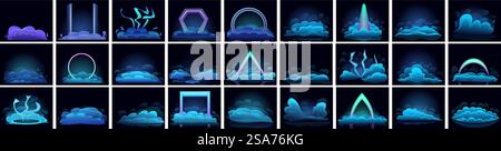 Ground blue smoke icons set. Set of futuristic portals with neon glowing shapes appearing from clouds on dark background. Ground blue smoke icons set. Futuristic portals with neon glowing shapes appearing from clouds on dark background Stock Vector