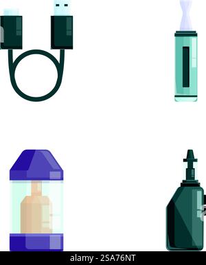 Cigarette device icons set cartoon vector. Electronic cigarette accessory. Alternative smoking. Cigarette device icons set cartoon vector. Electronic cigarette accessory Stock Vector