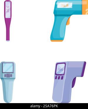 Modern thermometer icons set cartoon vector. Contact and contactless thermometer. Measuring device. Modern thermometer icons set cartoon vector. Contact and contactless thermometer Stock Vector