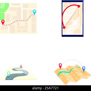 Gps smartphone icons set cartoon vector. Various navigation map on device screen. Mobile gps service. Gps smartphone icons set cartoon vector. Various navigation map on device screen Stock Vector