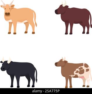Collection of four cute illustrated cows in different colors isolated on white background. Set of cartoon cows in various colors Stock Vector