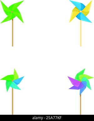 Collection of four vibrant, multicolored paper pinwheels isolated on a white background. Colorful pinwheel set on white background Stock Vector