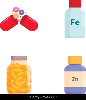 Illustration collection featuring various vitamin and mineral supplements in pill and bottle form. Set of vitamin and mineral supplement icons Stock Vector