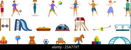 Children play playground icons set. Kids playing with different toys and playground equipment having fun together. Children play playground icons set. Children playing with toys and playground equipment having fun Stock Vector