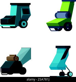 Collection of four stylized cartoon dump trucks in various colors isolated on a white background. Set of four cartoon dump trucks Stock Vector