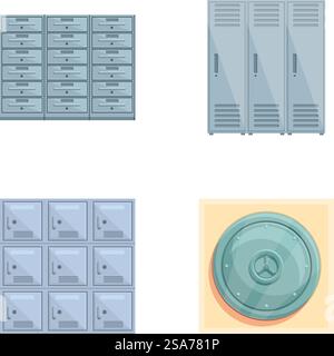 Steel safe icons set cartoon vector. Armored box to protect money and document. Deposit protection, banking service. Steel safe icons set cartoon vector. Armored box to protect money and document Stock Vector