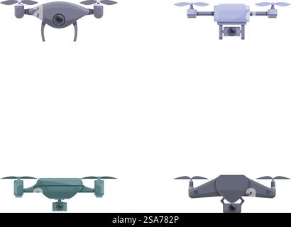 Air drone icons set cartoon vector. Various drone with integrated camera. Aerial videography. Air drone icons set cartoon vector. Various drone with integrated camera Stock Vector
