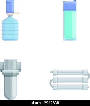 New filter icons set cartoon vector. Water purification and filtration ...