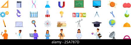 Stem education icons set. Scientists and engineers working using science and engineering equipment studying stem subjects. Stem education icons set. Science and engineering concept with scientists, engineers and students working and studying Stock Vector