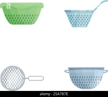 Various colander icons set cartoon vector. Colander of various shape ...