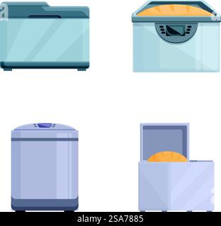 Kitchen machine icons set cartoon vector. Modern bread maker appliance. Food cook home. Kitchen machine icons set cartoon vector. Modern bread maker appliance Stock Vector