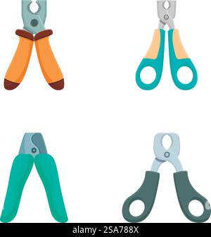 Vector illustration set featuring four wire cutters in different colors and styles. Set of cartoon style wire cutters icons Stock Vector