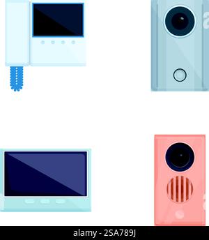Door phone icons set cartoon vector. Video audio intercom entry system. Entrance security device. Door phone icons set cartoon vector. Video audio intercom entry system Stock Vector
