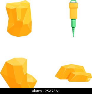 Gold production icons set cartoon vector. Mining equipment and gold nugget. Goldmine. Gold production icons set cartoon vector. Mining equipment and gold nugget Stock Vector