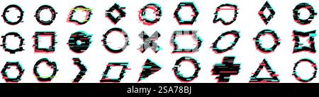 Circle glitch effect icons set. Collection of geometric shapes is glitching with an rgb color shift effect. Circle glitch effect icons set. Collection of geometric shapes glitching with rgb colorshift Stock Vector