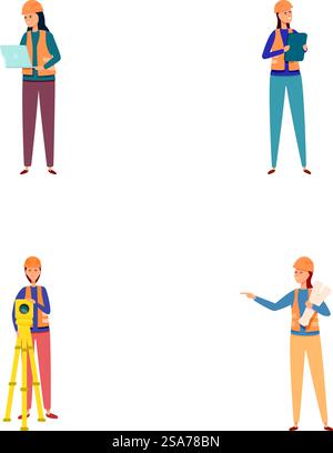 Collection of illustrations showcasing engineers with tools and tech for diverse projects. Set of engineering professionals in action Stock Vector