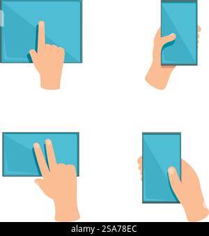 Scrolling screen icons set cartoon vector. Hand gesture on touch digital device. Modern technology. Scrolling screen icons set cartoon vector. Hand gesture on touch digital device Stock Vector