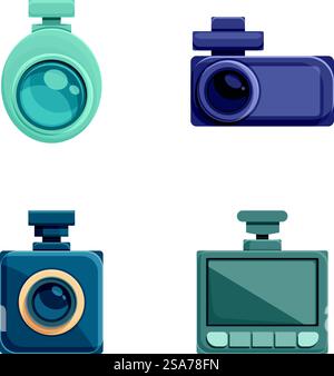 Digital dvr icons set cartoon vector. Car dvr. Modern technology. Digital dvr icons set cartoon vector. Car dvr Stock Vector
