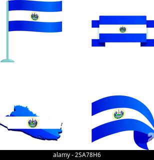 Salvador symbol icons set cartoon vector. National state el salvador flag. Central america country. Salvador symbol icons set cartoon vector. National state el salvador flag Stock Vector