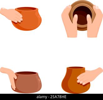 Pottery studio icons set cartoon vector. Creating clay vase on wheel ...
