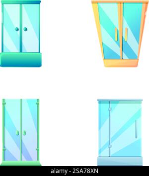 Entrance door icons set cartoon vector. Various transparent glass door. Interior element. Entrance door icons set cartoon vector. Various transparent glass door Stock Vector