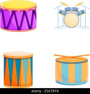 Percussion tool icons set cartoon vector. Drum of different style and color. Percussion musical instrument. Percussion tool icons set cartoon vector. Drum of different style and color Stock Vector