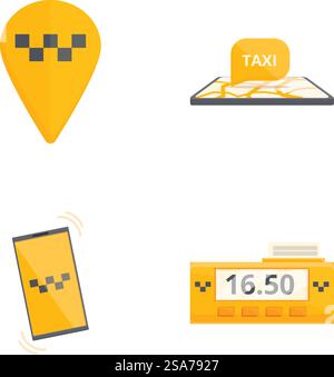 Modern urban transportation taxi service icon set for mobile app interface with editable vector illustrations. Collection of four taxirelated vector icons on a white background Stock Vector