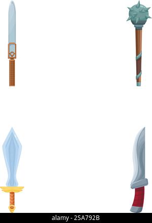 Collection of four detailed fantasy weapon icons including swords and mace. Set of fantasy game weapon icons Stock Vector